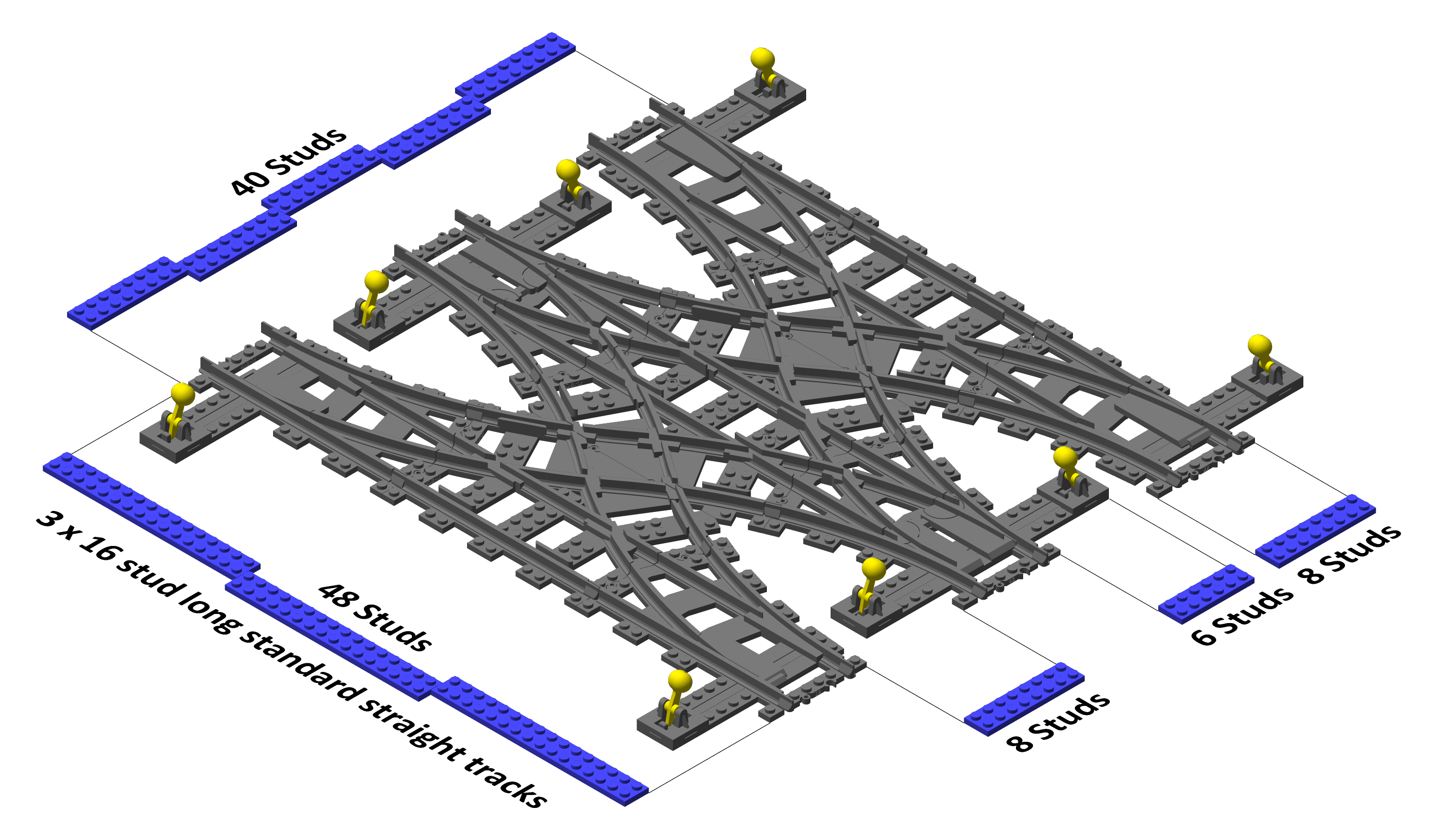 4DBrix 3D printed LEGO compatible double cross over, 3 track version of LEGO 7996.