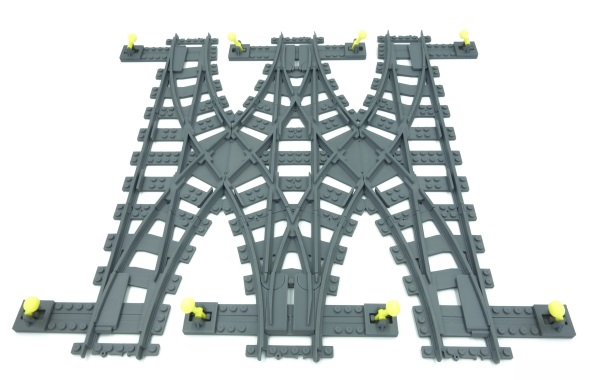 4DBrix 3D printed LEGO compatible double cross over, 3 track version of LEGO 7996.