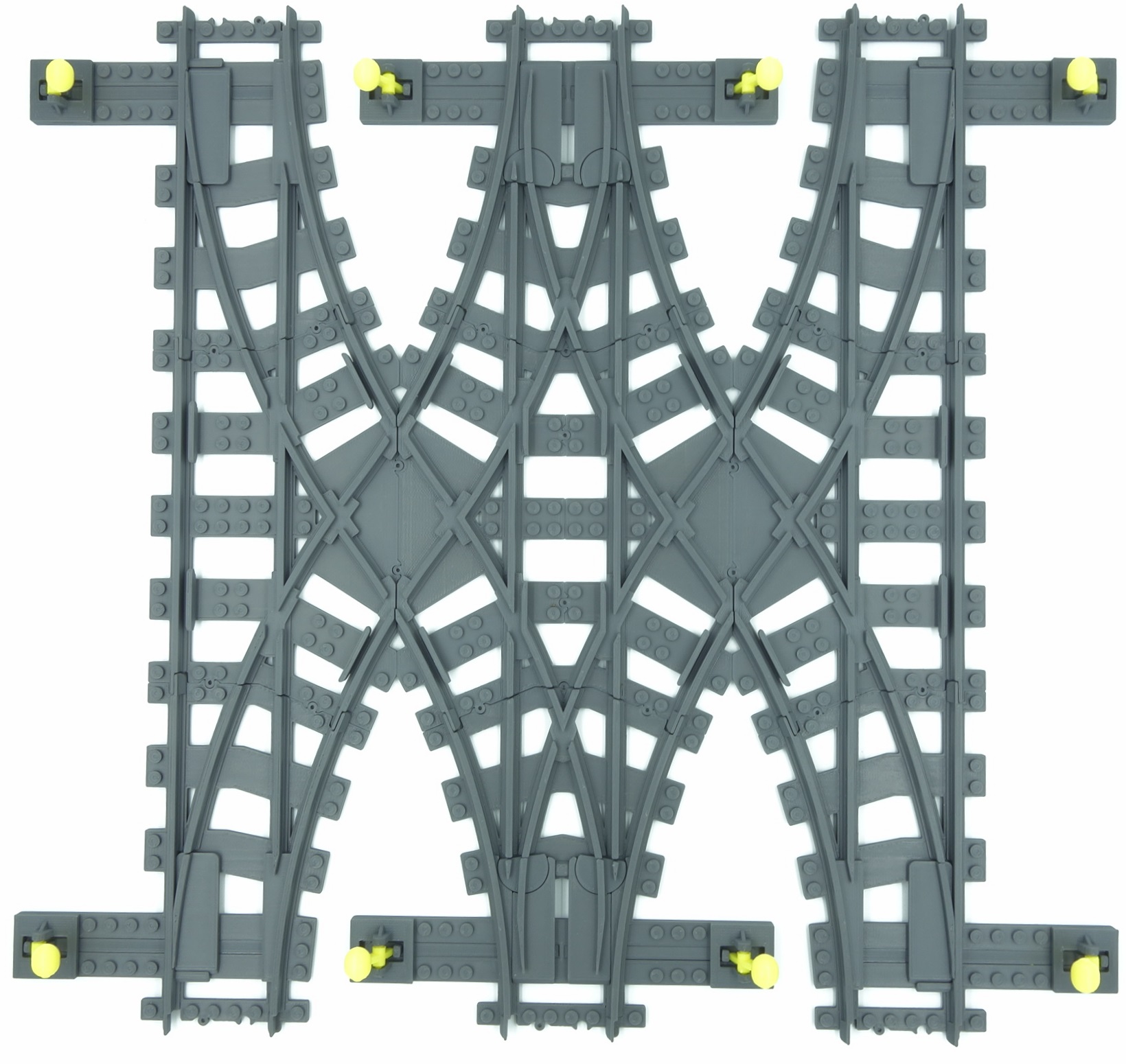 4DBrix 3D printed LEGO compatible double cross over, 3 track version of LEGO 7996.