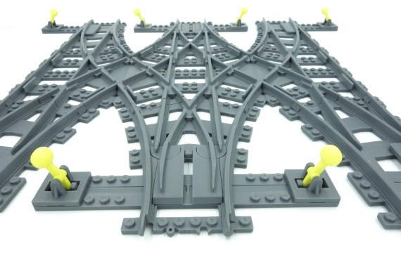 4DBrix 3D printed LEGO compatible double cross over, 3 track version of LEGO 7996.