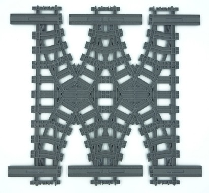 4DBrix 3D printed LEGO compatible double cross over, 3 track version of LEGO 7996.