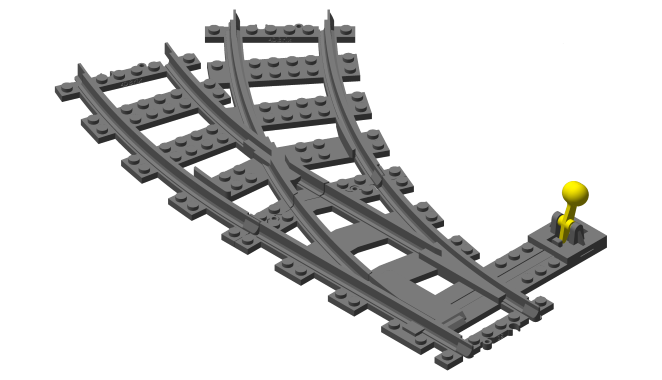 3D printed LEGO compatible curved track switch.