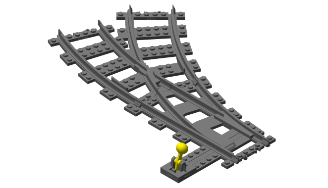 3D printed LEGO compatible curved track switch.